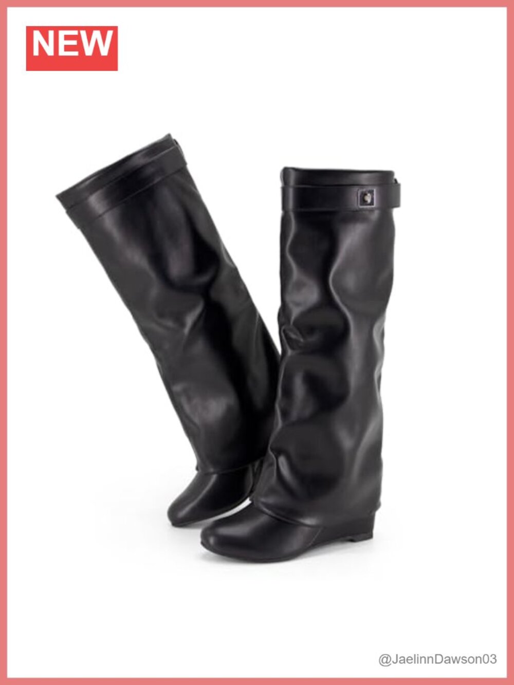 Fold Over Knee High Shark Boots for Women Wedge Heel Wide Calf Zip Faux Leather